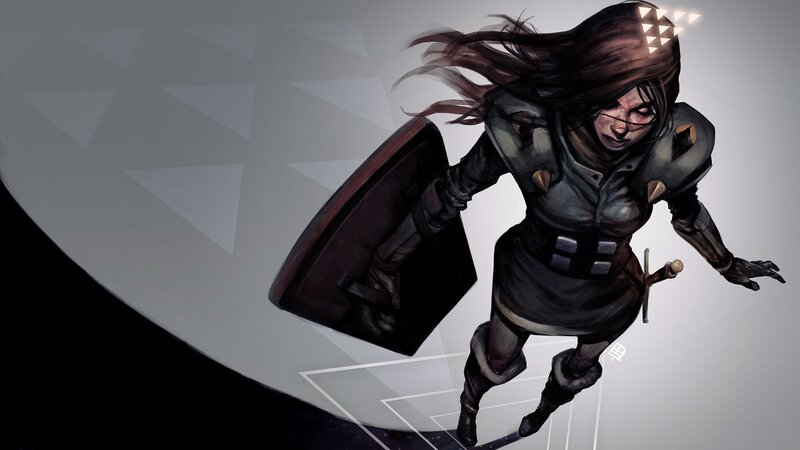 Female Warrior in Armor — Gray, Dramatic, Digital Art, Shield, Sword