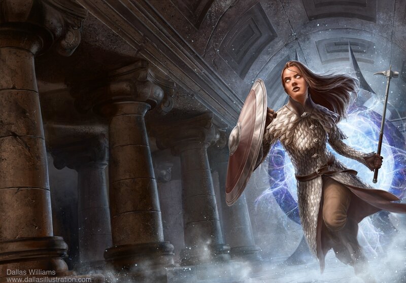 Female Warrior in Armor — Gray, Dramatic, Digital Art, Shield