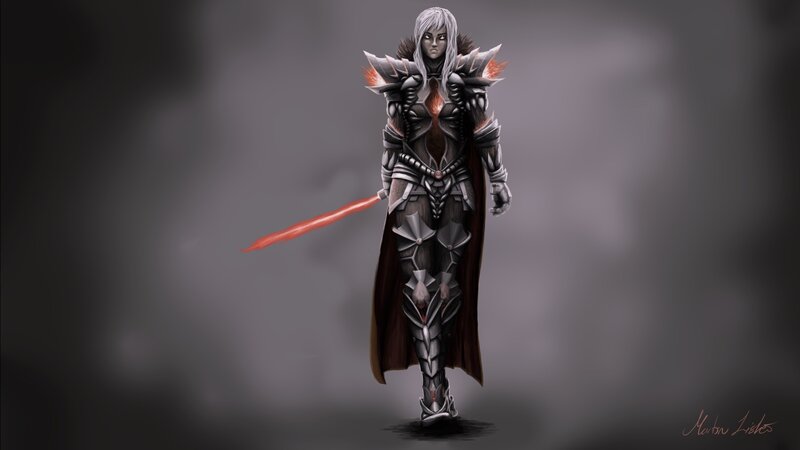 Female Warrior in Armor — Gray, Dramatic, Digital Art, Sword, Cape