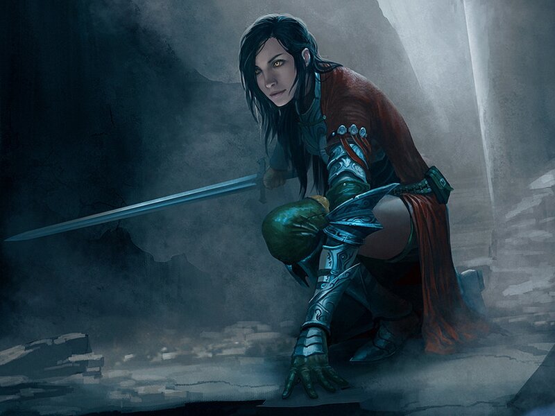 Female Warrior in Armor — Gray, Dramatic, Digital Art, Sword, Cave