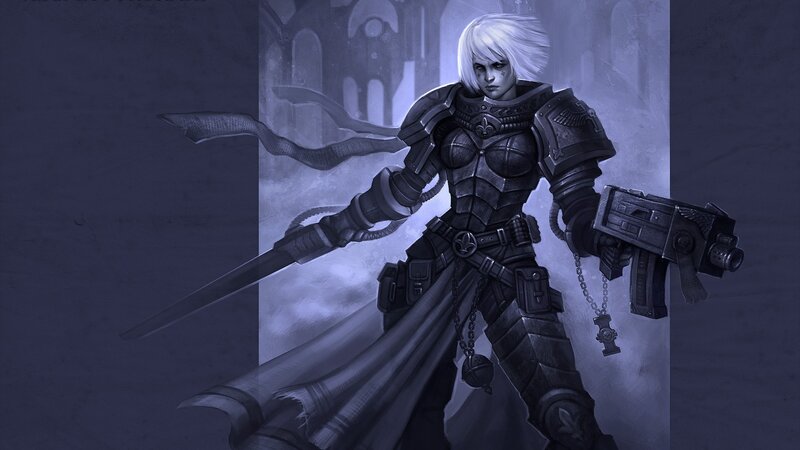 Female Warrior in Armor — Gray, Dramatic, Digital Art, Sword, Gun