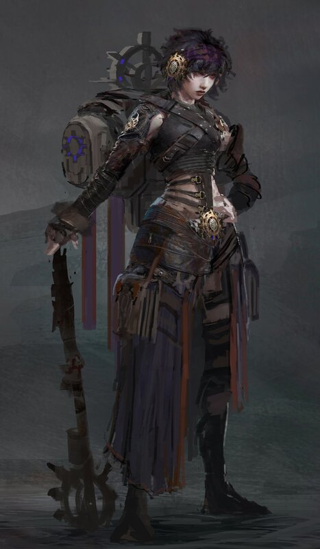 Female Warrior in Armor — Gray, Dramatic, Digital Art, Sword, Mechanical Arm