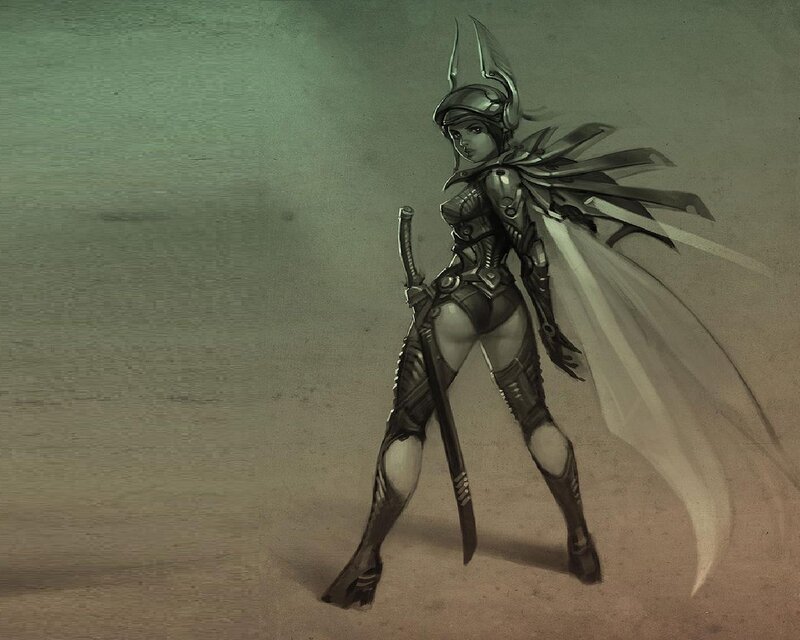 Female Warrior in Armor — Gray, Dramatic, Digital Art, Sword