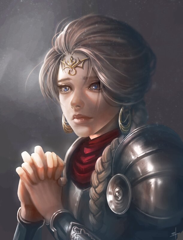 Female Warrior in Armor — Gray, Dramatic, Night, Digital Art, Braided Hair