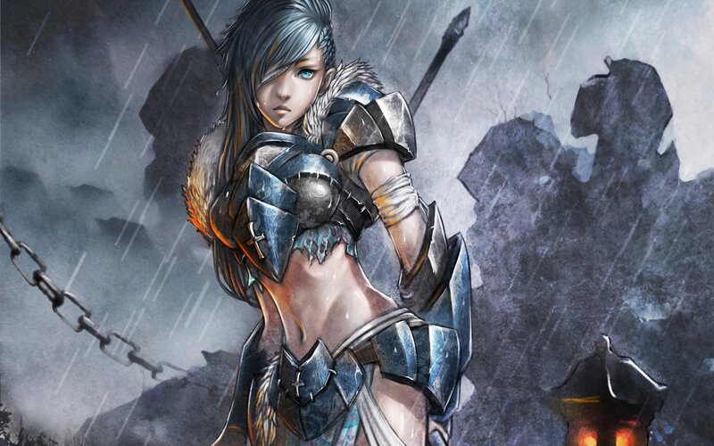 Female Warrior in Armor — Gray, Dramatic, Night, Digital Art, Rain, Chain, Lamp