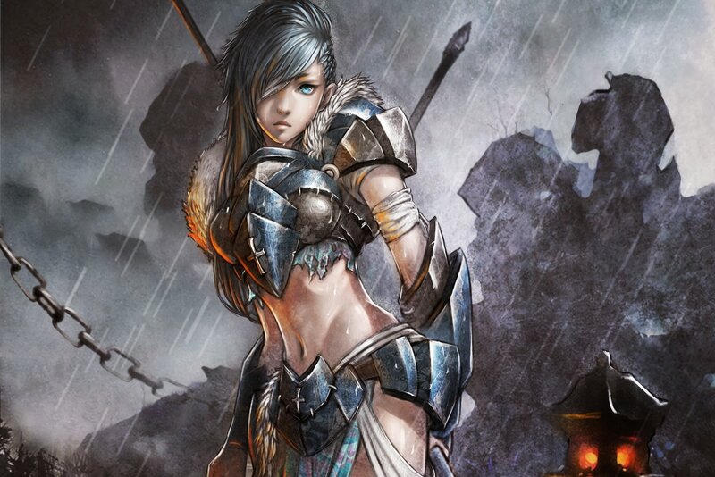 Female Warrior in Armor — Gray, Dramatic, Night, Digital Art, Rain, Chain, Spear