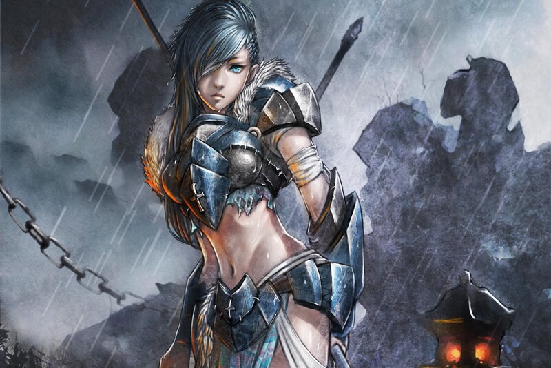 Female Warrior in Armor — Gray, Dramatic, Night, Digital Art, Rain, Chain, Sword