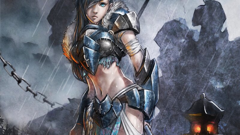 Female Warrior in Armor — Gray, Dramatic, Night, Digital Art, Rain, Chain