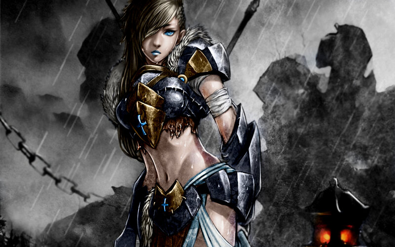 Female Warrior in Armor — Gray, Dramatic, Night, Digital Art, Rain, Chains