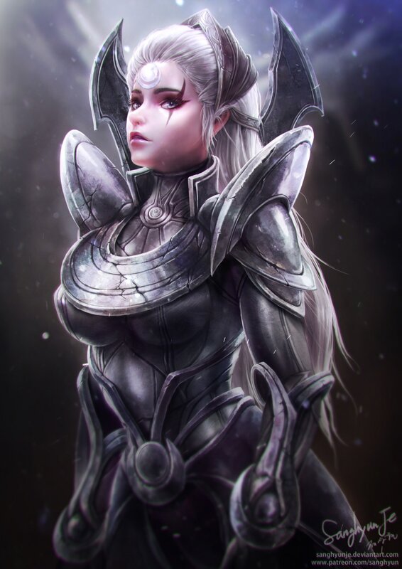 Female Warrior in Armor — Gray, Dramatic, Night, Digital Art, Silver Hair