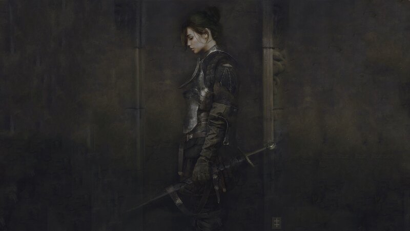 Female Warrior in Armor — Gray, Dramatic, Night, Digital Art, Sword