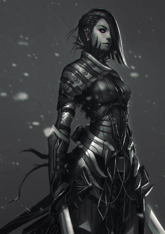 Female Warrior in Armor — Gray, Dramatic, Winter, Digital Art, Snow