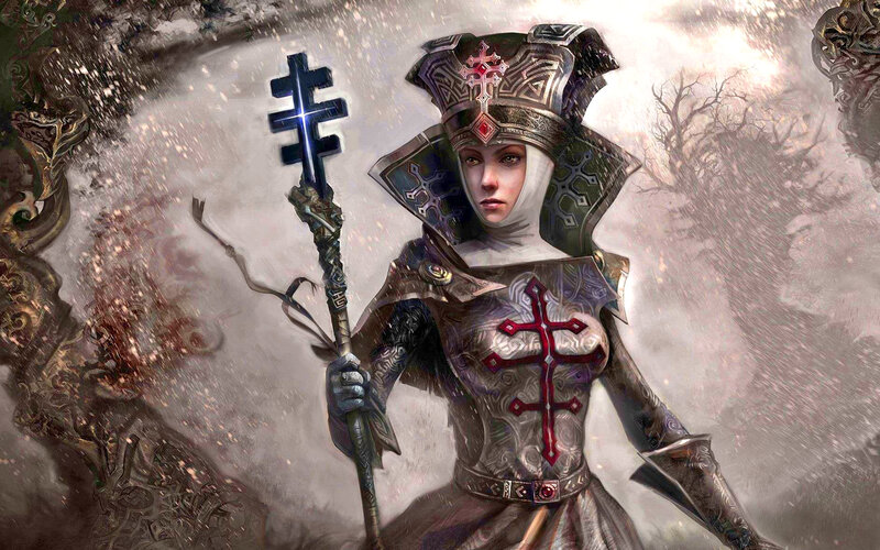Female Warrior in Armor — Gray, Dramatic, Winter, Digital Art, Staff