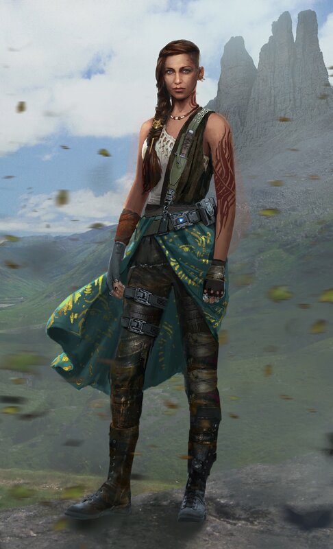 Female Warrior in Armor — Green, Dramatic, Digital Art, Mountains