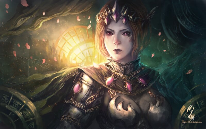 Female Warrior in Armor — Green, Dramatic, Night, Digital Art, Crown
