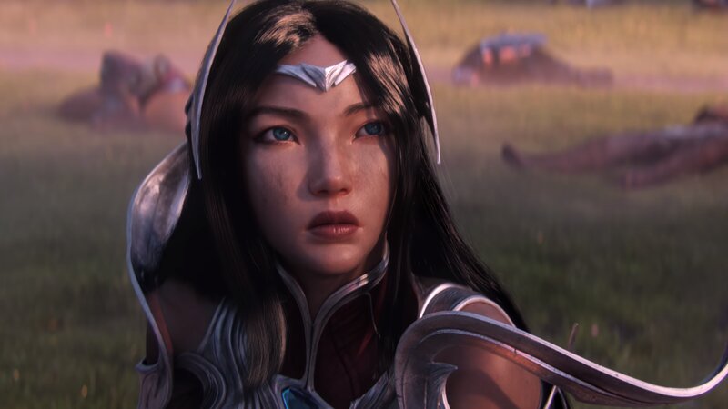 Female Warrior in Armor — Green, Dramatic, Sunset