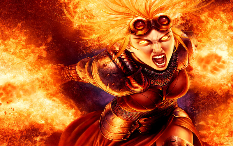 Female Warrior in Armor — Orange, Dramatic, Digital Art, Fire, Goggles
