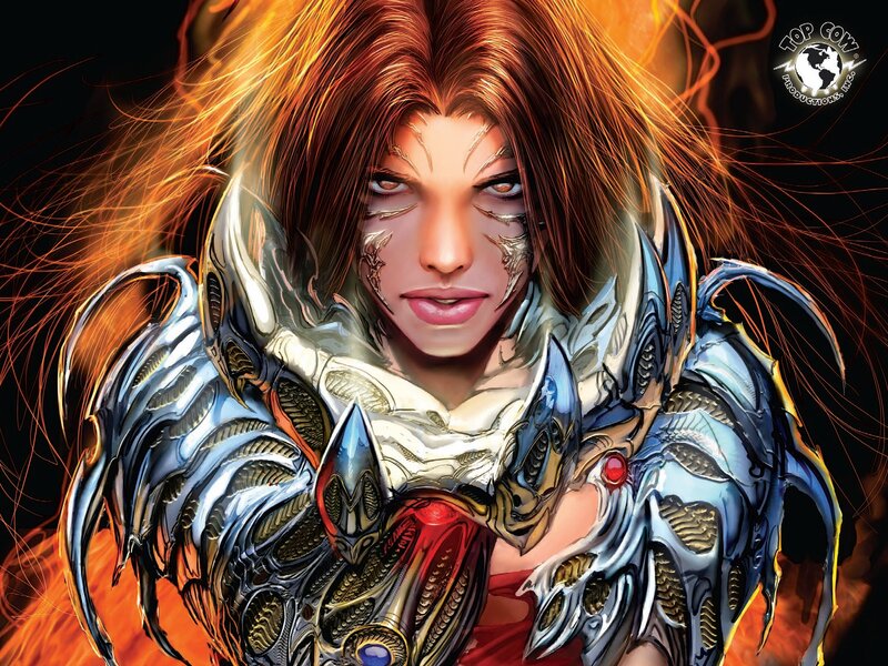 Female Warrior in Armor — Orange, Dramatic, Digital Art, Fire, Hair
