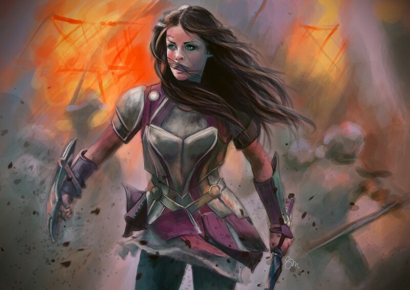 Female Warrior in Armor — Orange, Dramatic, Digital Art, Sword