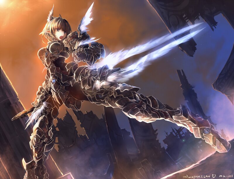 Female Warrior in Armor — Orange, Dramatic, Sunset, Digital Art, Sword