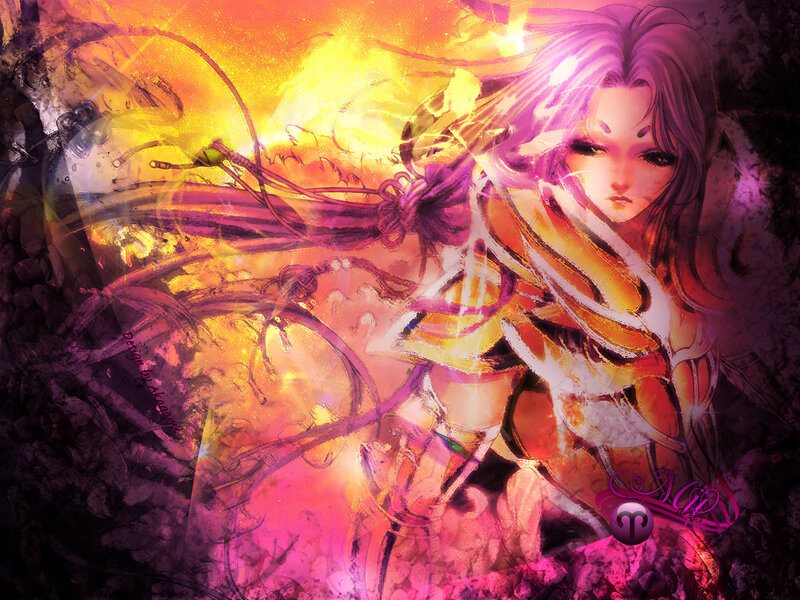 Female Warrior in Armor — Purple, Dramatic, Digital Art, Fire