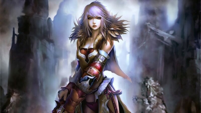 Female Warrior in Armor — Purple, Dramatic, Digital Art, Sword