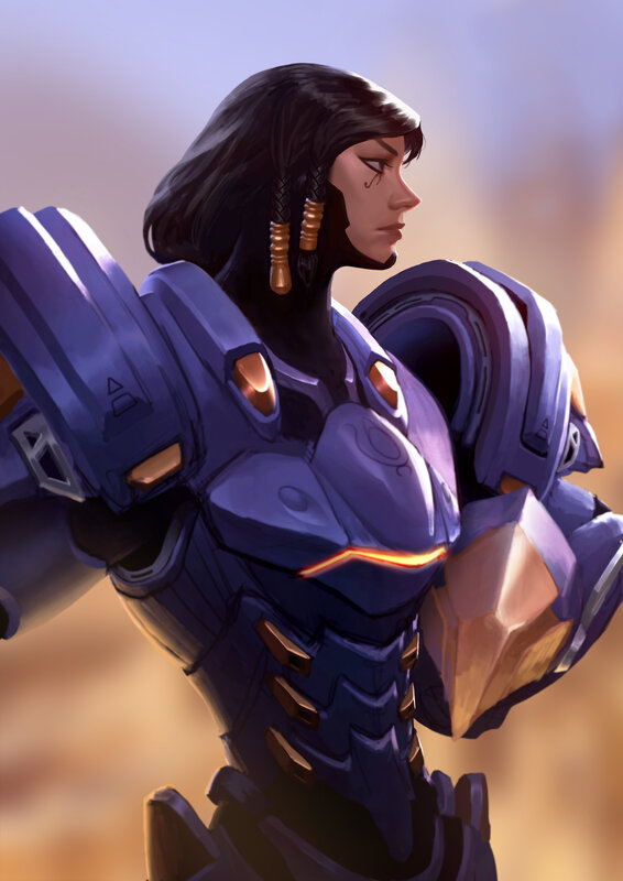 Female Warrior in Armor — Purple, Dramatic, Sunset, Digital Art, Braid