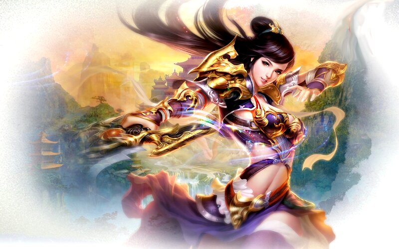 Female Warrior in Armor — Purple, Dramatic, Sunset, Digital Art, Sword