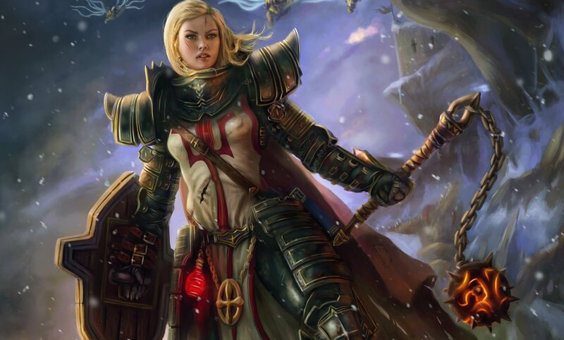 Female Warrior in Armor — Purple, Dramatic, Winter, Digital Art, Shield