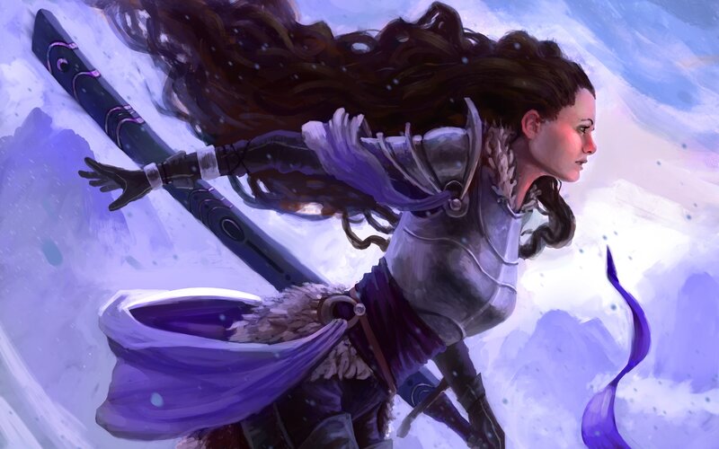 Female Warrior in Armor — Purple, Dramatic, Winter, Digital Art, Sword