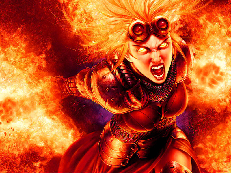 Female Warrior in Armor — Red, Dramatic, Digital Art, Fire