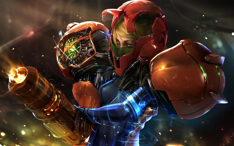 Female Warrior in Armor — Red, Dramatic, Digital Art, Gun, Helmet