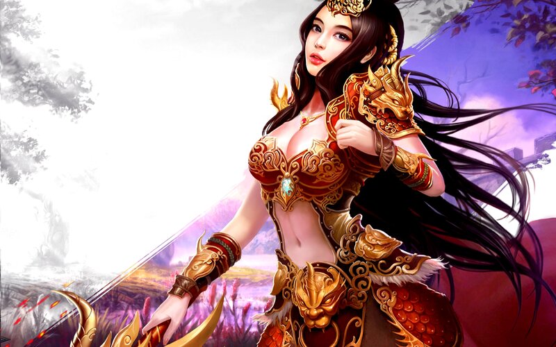 Female Warrior in Armor — Red, Dramatic, Digital Art, Sword, Long Hair