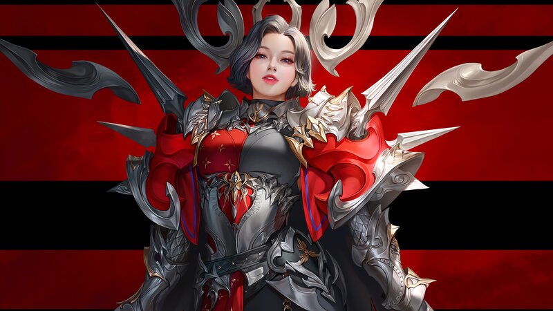 Female Warrior in Armor — Red, Dramatic, Digital Art, Swords