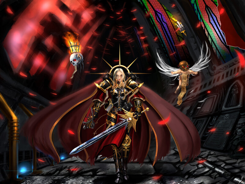 Female Warrior in Armor — Red, Dramatic, Digital Art