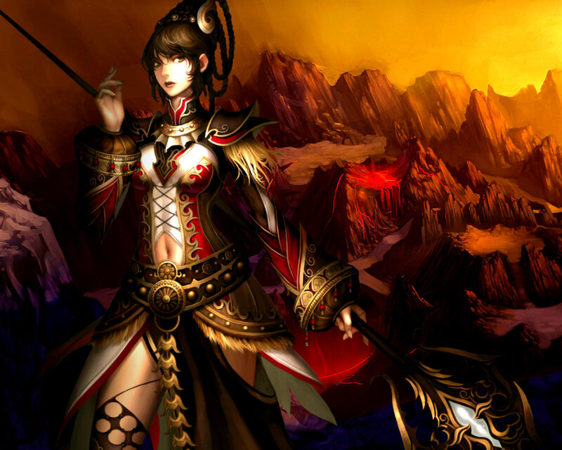 Female Warrior in Armor — Red, Dramatic, Sunset, Digital Art, Mountains