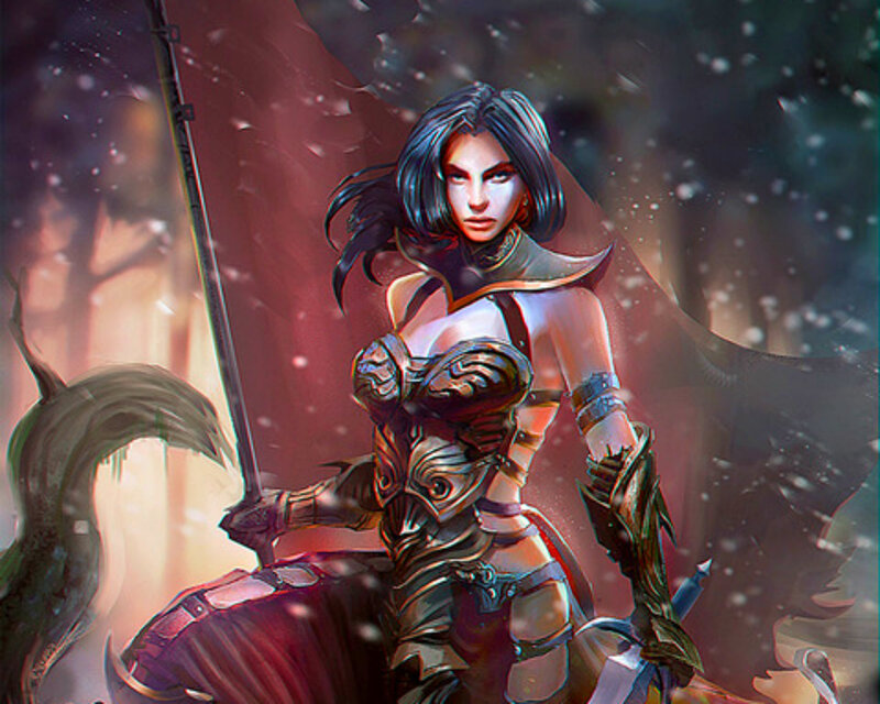 Female Warrior in Armor — Red, Dramatic, Winter