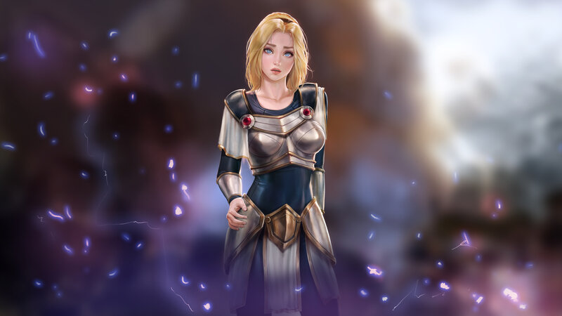 Female Warrior in Armor — Silver, Dramatic, Digital Art, Lightning