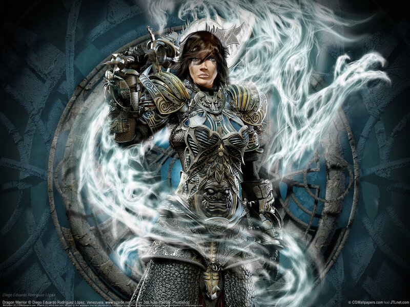 Female Warrior in Armor — Silver, Dramatic, Digital Art, Sword, Energy