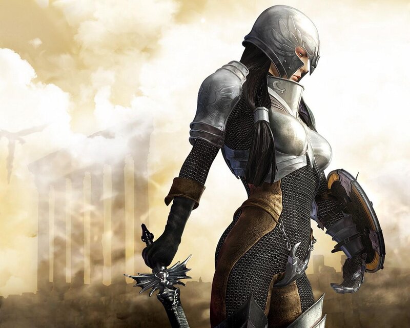 Female Warrior in Armor — Silver, Dramatic, Digital Art, Sword, Shield