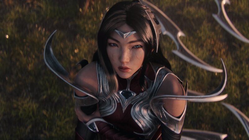 Female Warrior in Armor — Silver, Dramatic, Sunset, 3d Render, Weapons