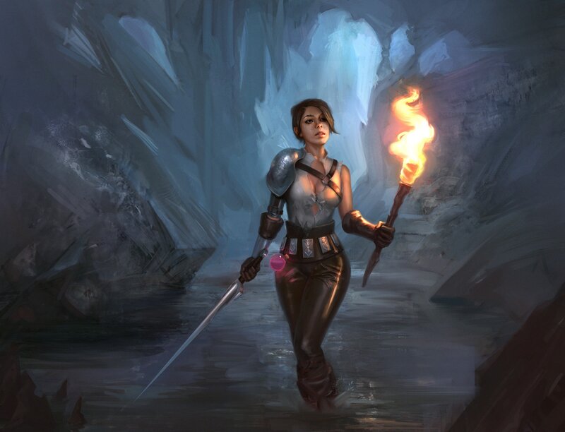 Female Warrior in Cave — Blue