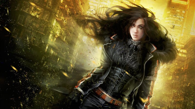 female warrior in city chaos