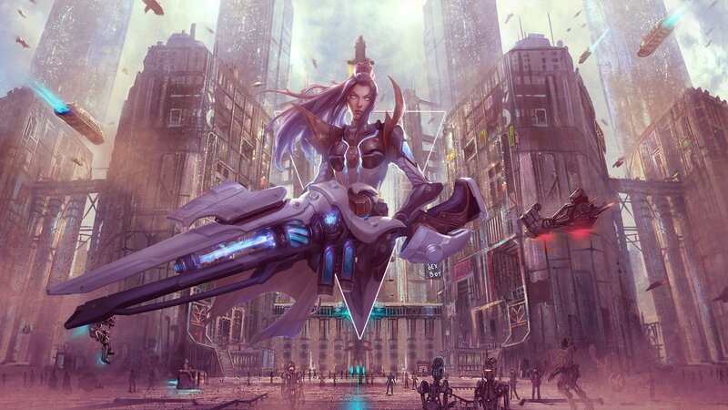 Female Warrior in City — Purple