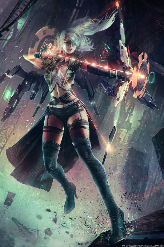 Female Warrior in Combat — Black, Dramatic, Night