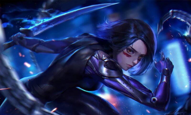 Female Warrior in Combat — Blue, Dramatic, Night, Digital Art
