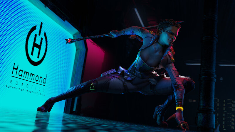 Female Warrior in Combat Pose — Blue