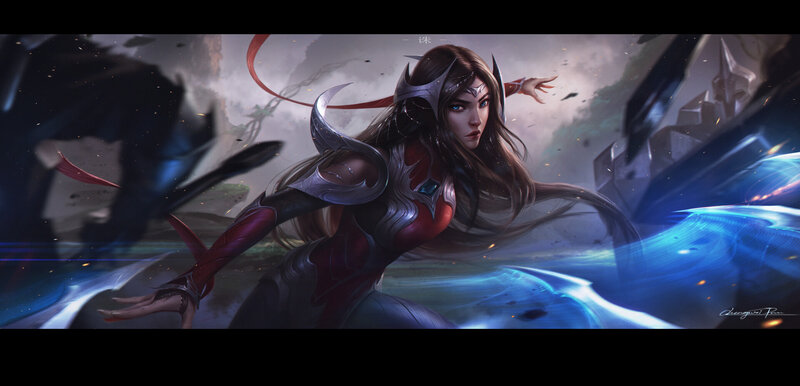 Female Warrior in Combat — Red, Dramatic, Digital Art, Sword