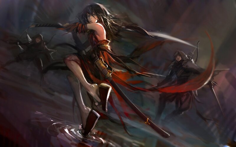 Female Warrior in Combat — Red, Dramatic