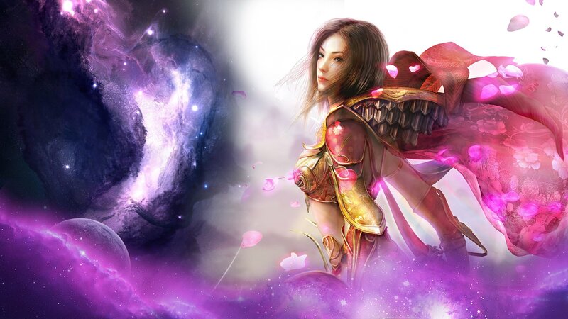 female warrior in cosmic landscape